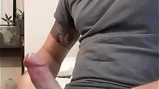 Tight blue shirt jerking and slapping big cock paying