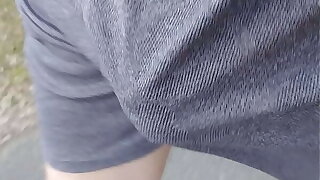 Freeballing in loose shorts as I walk through the park, my big dick swinging about. 20200429