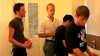 Debaucherous twinks form anal train in restroom