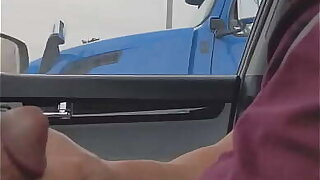 Trucker gives thumbs up after seeing cock